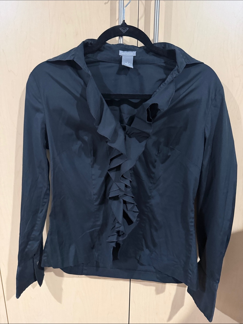 Ann Taylor Black Ruffle Front Button-Down Shirt
